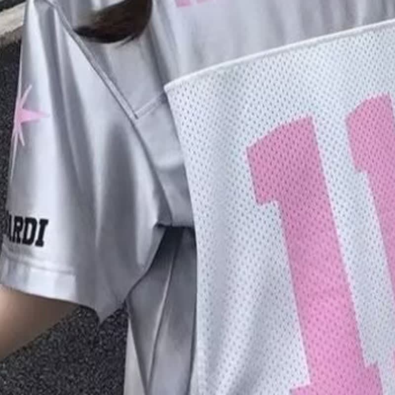 Sweet Cool Satin V Neck No.11 Jersey T-Shirt Loose Letter Print T-Shirt   - image 4