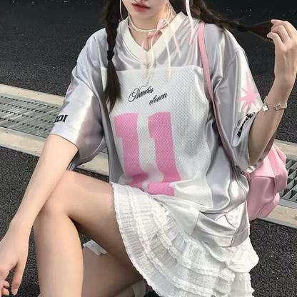 Sweet Cool Satin V Neck No.11 Jersey T-Shirt Loose Letter Print T-Shirt   - White - 2XL - image 2