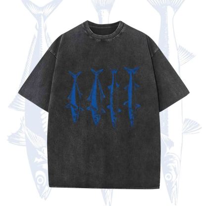Modakawa Vintage Fish Print Washed T-shirt - Black - 5XL - image 5