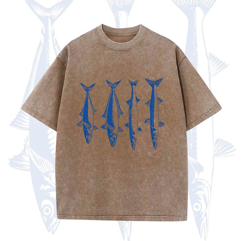 Modakawa Vintage Fish Print Washed T-shirt - Coffee - 5XL - image 3