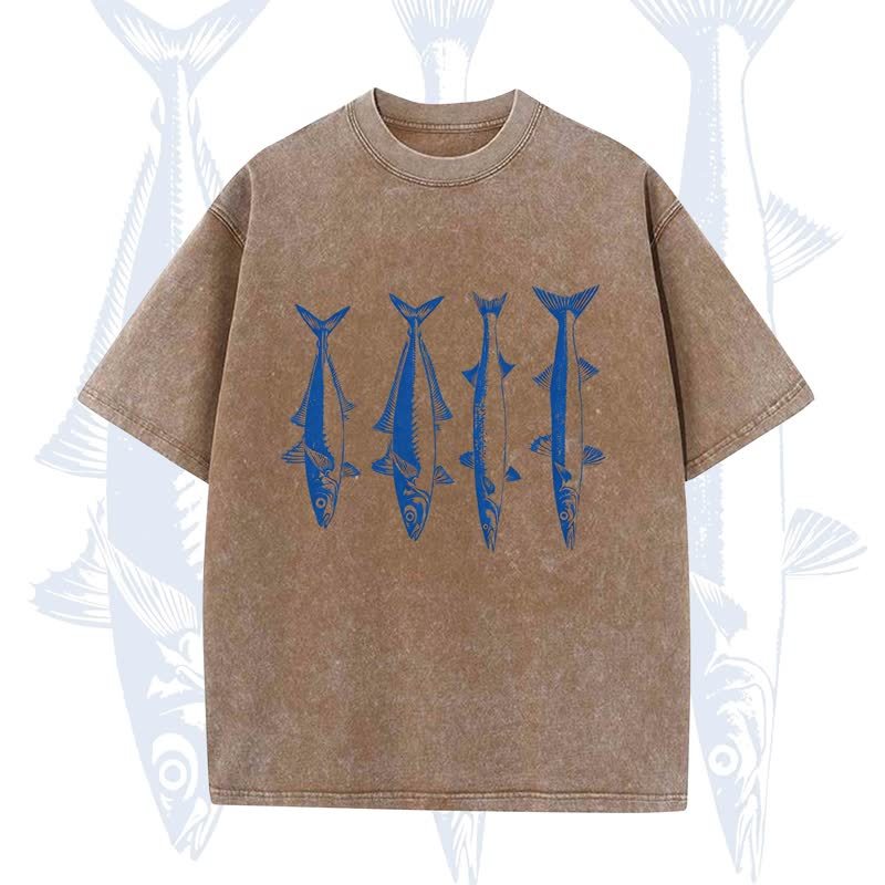 Modakawa Vintage Fish Print Washed T-shirt - Coffee - 5XL - image 3