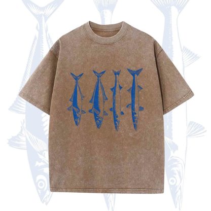 Modakawa Vintage Fish Print Washed T-shirt - Coffee - 5XL - image 3