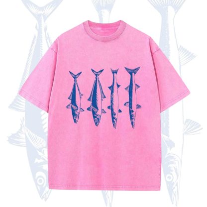 Modakawa Vintage Fish Print Washed T-shirt - Pink - 5XL - image 1