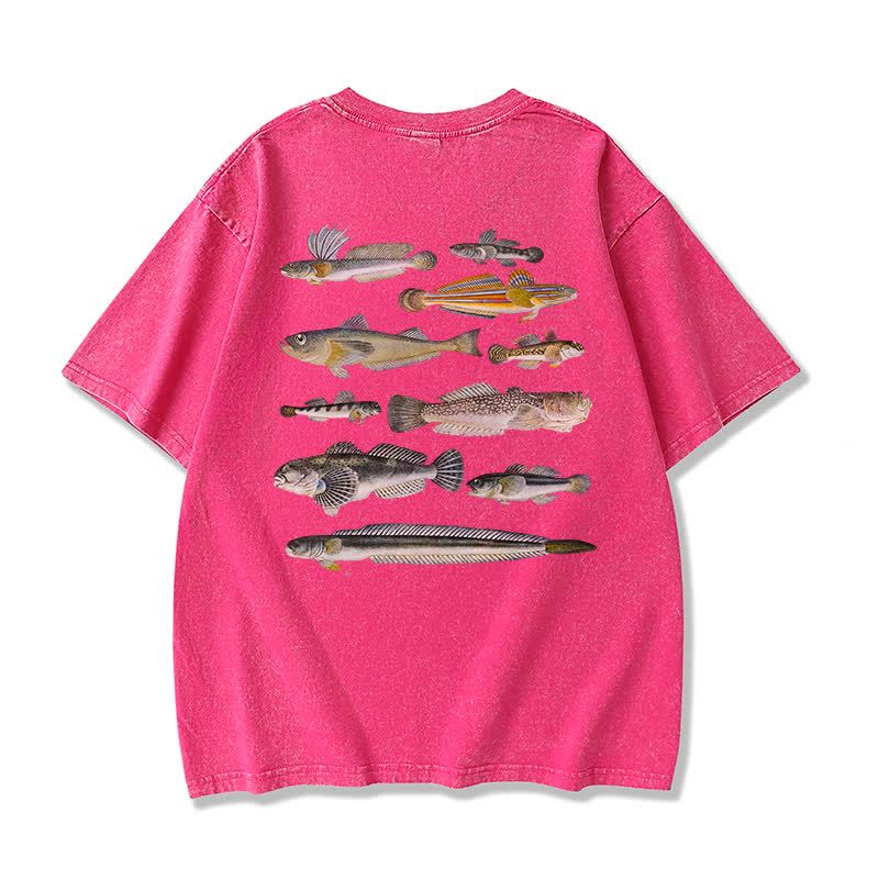 Modakawa Marine Fish Print Washed Loose Oversized Short Sleeve Tee - Pink - 3XL - image 3