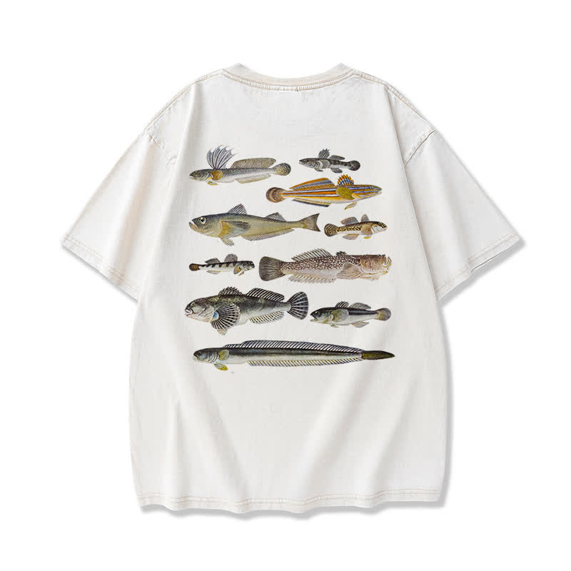 Modakawa Marine Fish Print Washed Loose Oversized Short Sleeve Tee - White - 3XL - image 1