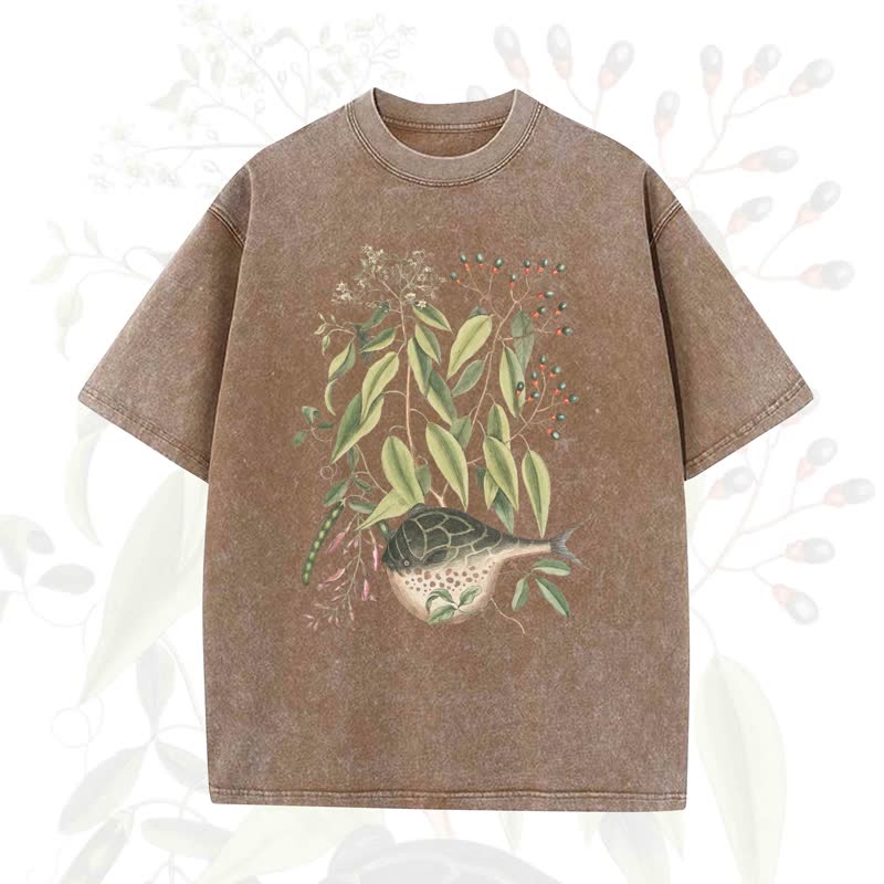 Modakawa Vintage Washed Fish Plant Print Loose Oversized Short Sleeve T-shirt - Coffee - 5XL - image 2