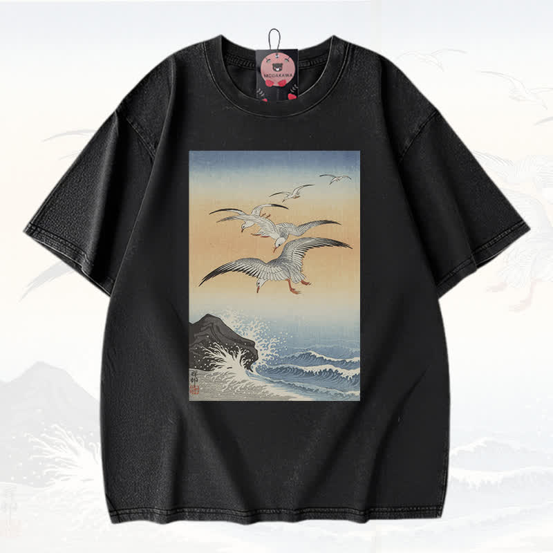 MODAKAWA Vintage Washed Seagull Wave Ocean Landscape Graphic Cotton Loose Oversized Short Sleeve T-Shirt  - Black - 3XL - image 1