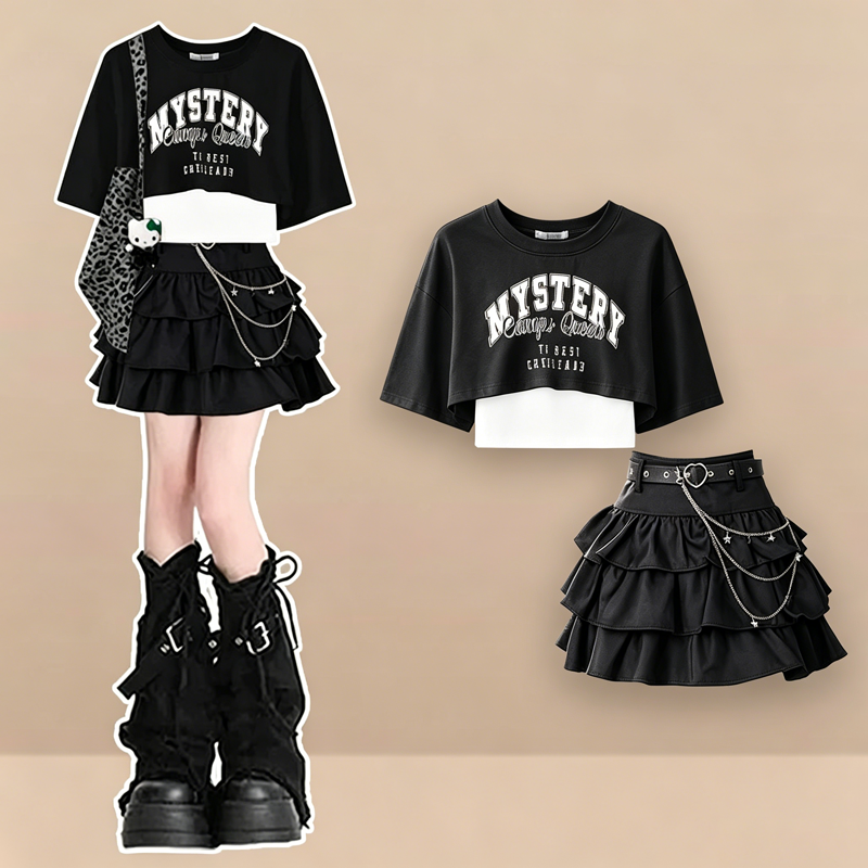 Gothic Letter Print T-shirt Chain Ruffle Tiered Skirt - image 1