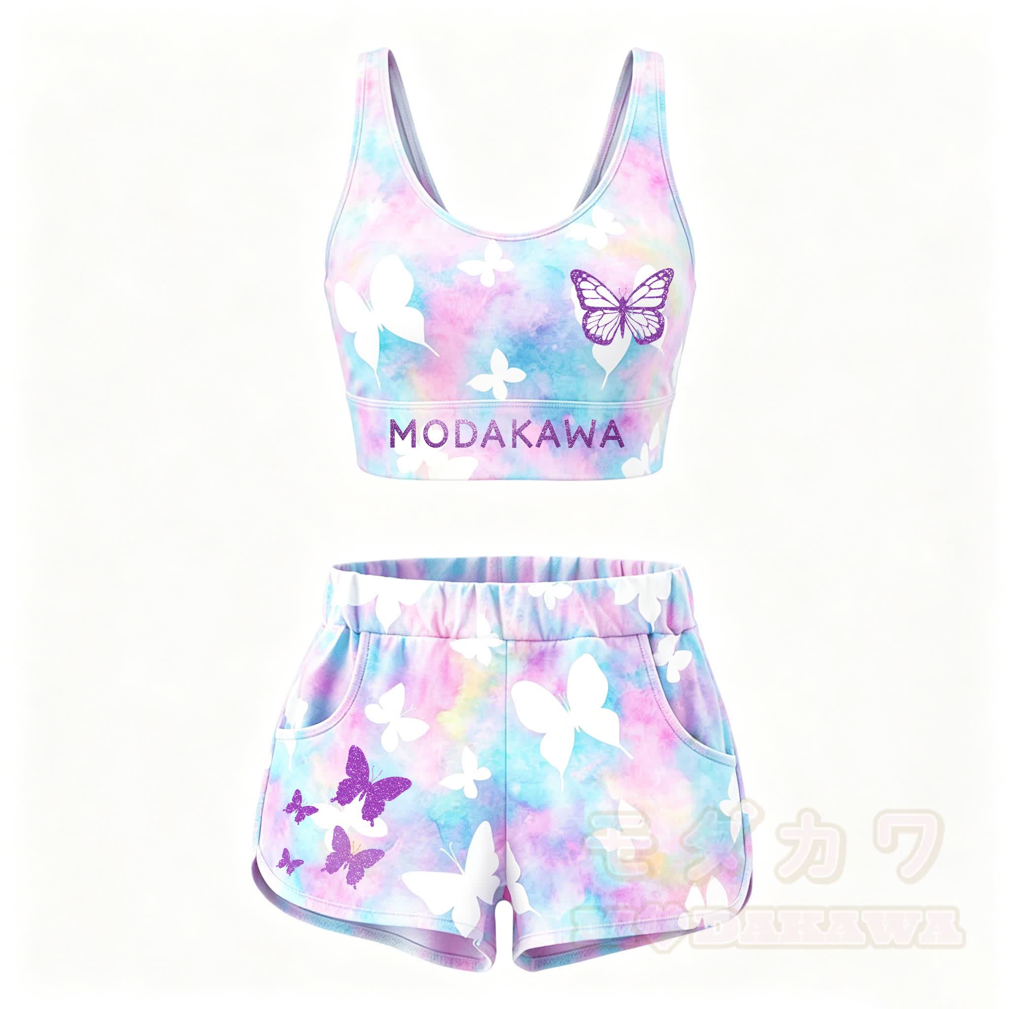 MODAKAWA Butterfly Graphic Crop Tank Sport Top Shorts Matching Outfit - Set A - 5XL - image 2