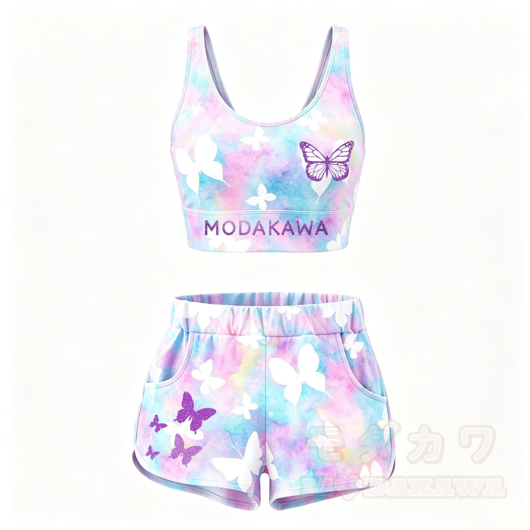 MODAKAWA Butterfly Graphic Crop Tank Sport Top Shorts Matching Outfit - Set A - 5XL - image 2