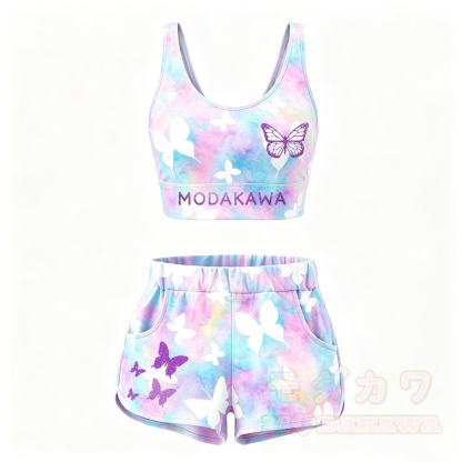 MODAKAWA Butterfly Graphic Crop Tank Sport Top Shorts Matching Outfit - Set A - 5XL - image 2
