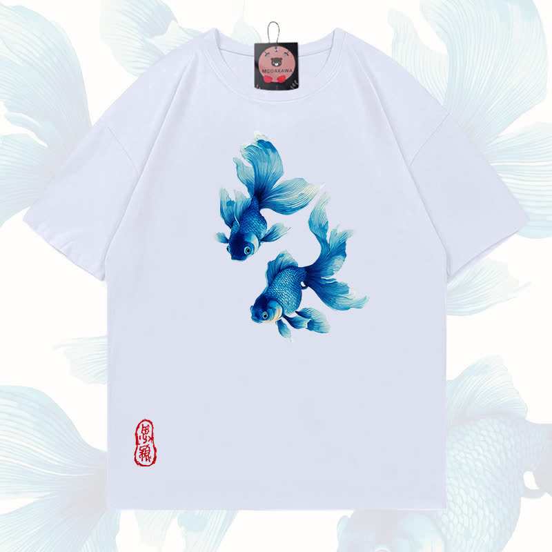 MODAKAWA Fish Graphic 100% Cotton T-shirt - White - 5XL - image 3