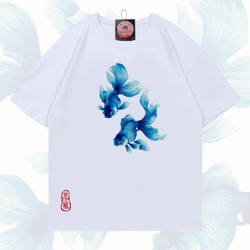 MODAKAWA Fish Graphic 100% Cotton T-shirt - White - 5XL - image 3
