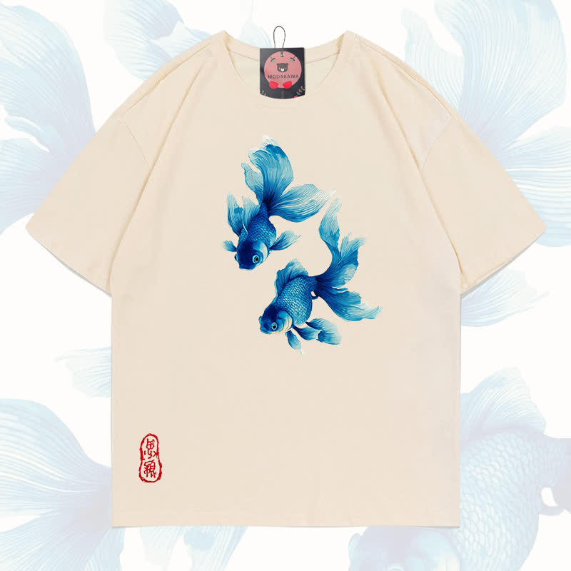 MODAKAWA Fish Graphic 100% Cotton T-shirt - Apricot - 5XL - image 6
