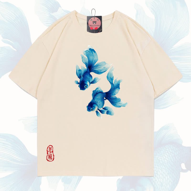 MODAKAWA Fish Graphic 100% Cotton T-shirt - Apricot - 5XL - image 6