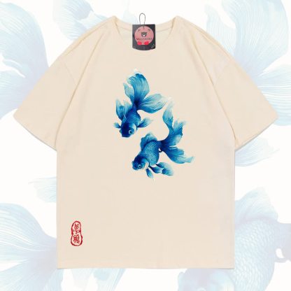 MODAKAWA Fish Graphic 100% Cotton T-shirt - Apricot - 5XL - image 6
