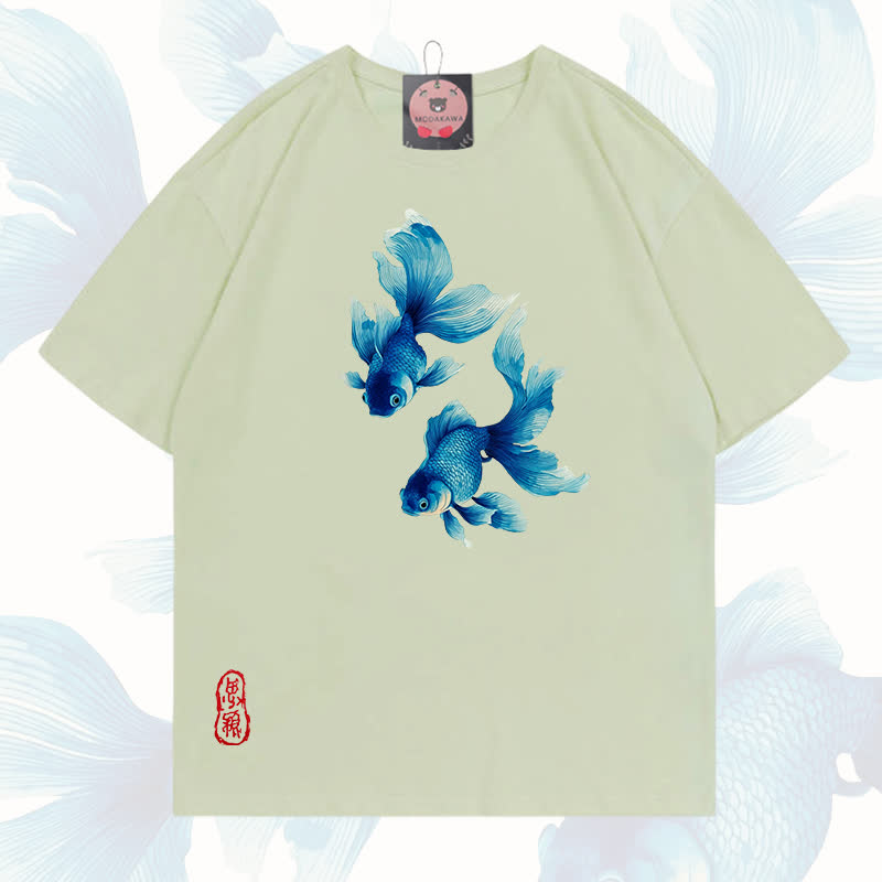 MODAKAWA Fish Graphic 100% Cotton T-shirt - Milk green - 5XL - image 5