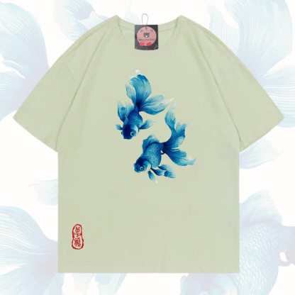 MODAKAWA Fish Graphic 100% Cotton T-shirt - Milk green - 5XL - image 5
