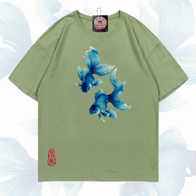 MODAKAWA Fish Graphic 100% Cotton T-shirt - Light green - 5XL - image 8