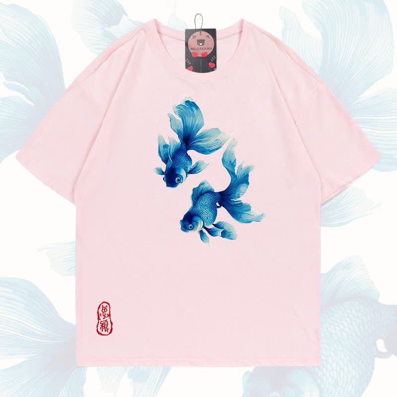 MODAKAWA Fish Graphic 100% Cotton T-shirt - Light pink - 5XL - image 4