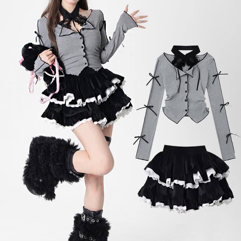 Bow Off Shoulder Long Sleeve Cardigan And Lace Layered Skirt Two Pieces Set - Set - 2XL - image 1
