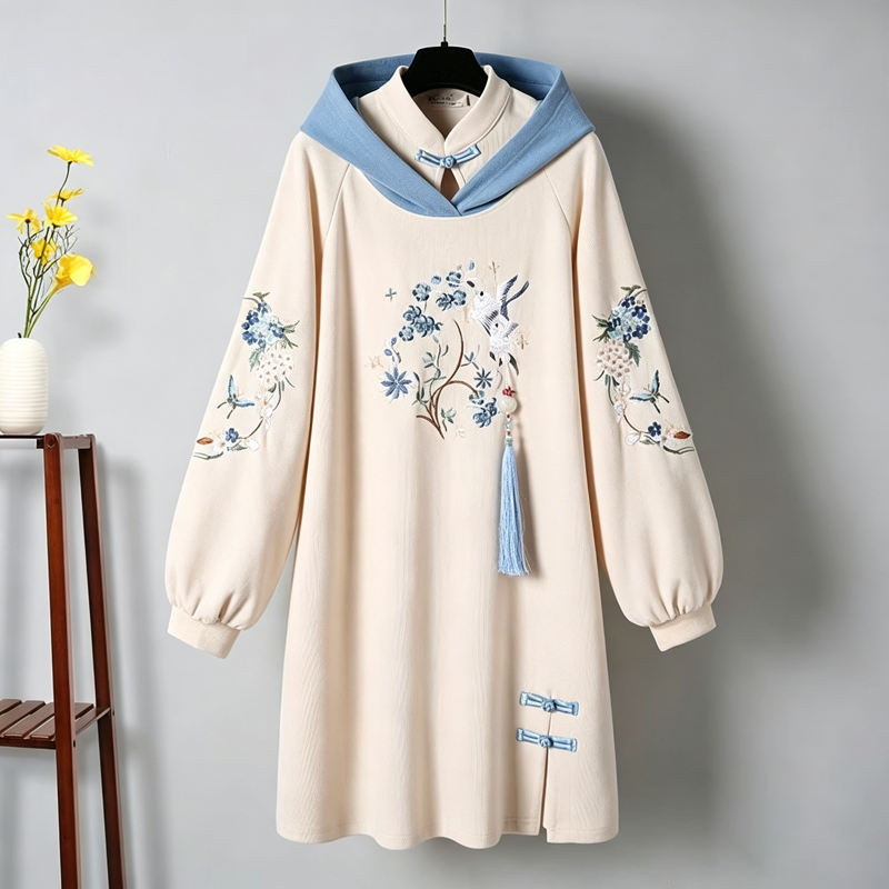 Chinese Style Floral Bird Print Hooded Sweatshirt Dress - Dress - 5XL - image 1