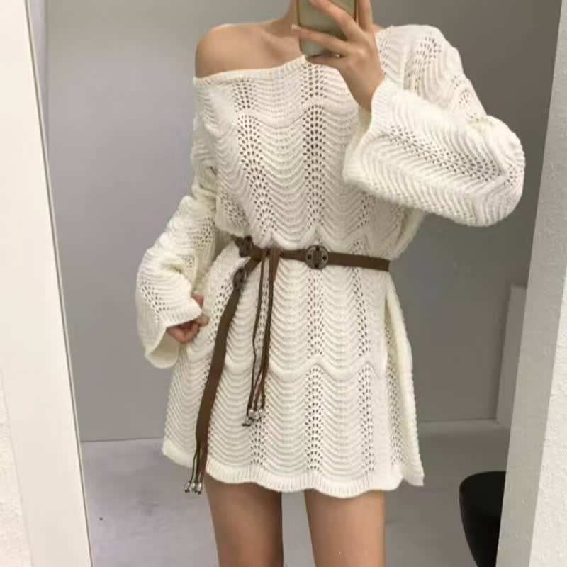  Hollow Out Long Sleeve Knit Cover Up Belted Dress Two Pieces Set - image 3