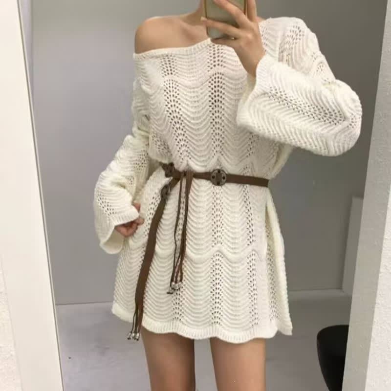  Hollow Out Long Sleeve Knit Cover Up Belted Dress Two Pieces Set - image 3