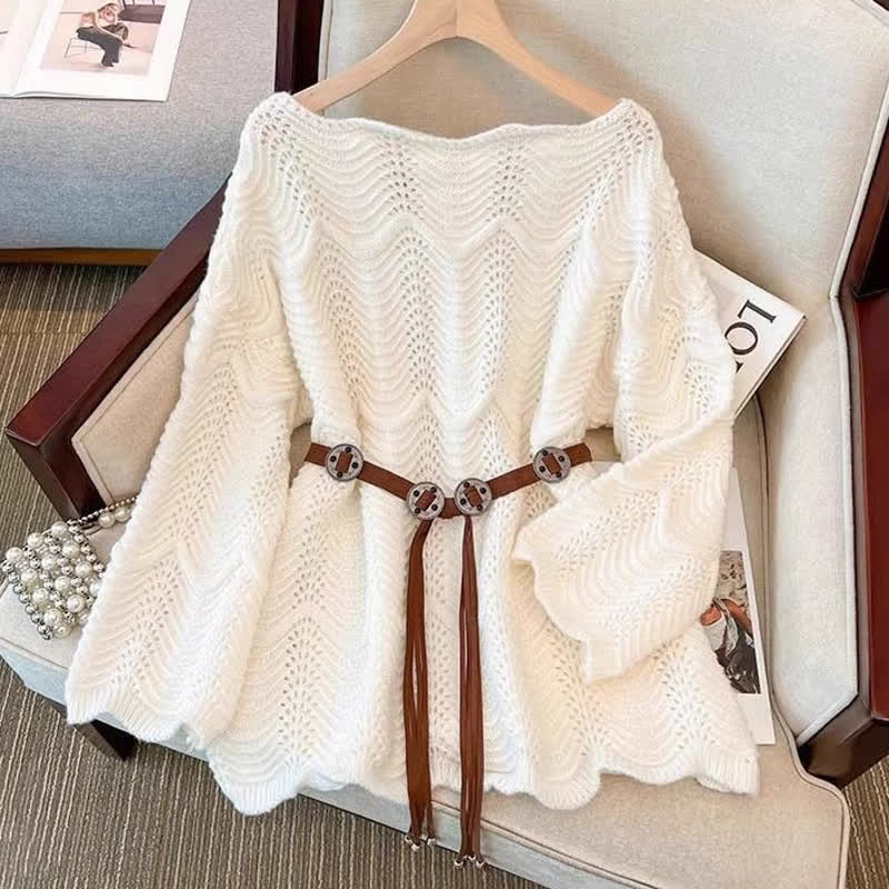  Hollow Out Long Sleeve Knit Cover Up Belted Dress Two Pieces Set - image 2