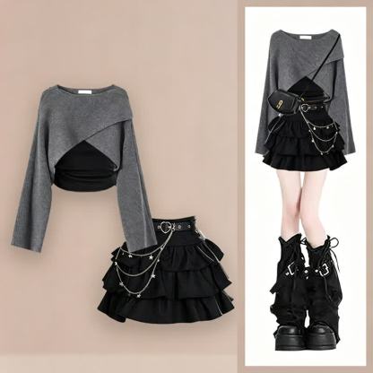 Cross Wrap Knit Sweater Ruffle Skirt Three Pieces Set - Set - 4XL - image 1