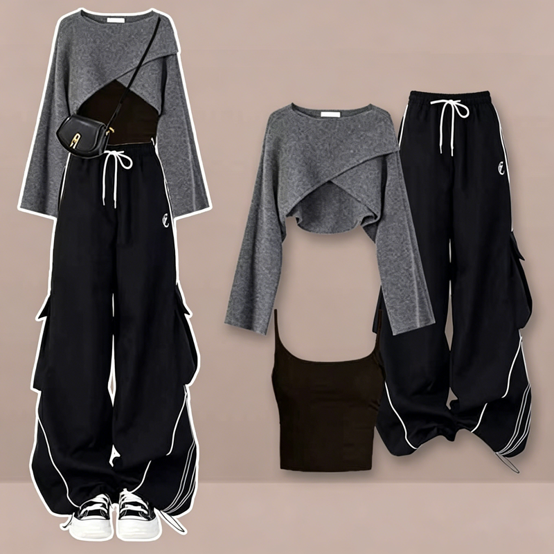 Cross Wrap Knit Sweater Cargo Wide Leg Pants Three Pieces Set - Set - 4XL - image 1