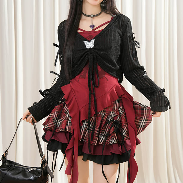 Gothic Top and Halter Neck Camisole with Mini Skirt Three Pieces Set - Red Set - XL - image 5