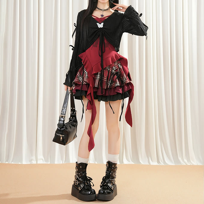 Gothic Top and Halter Neck Camisole with Mini Skirt Three Pieces Set - image 4