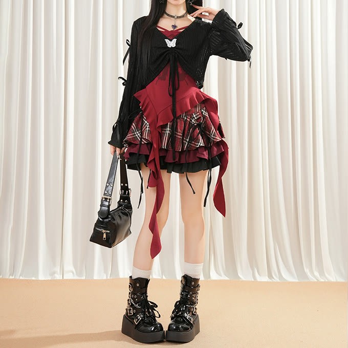 Gothic Top and Halter Neck Camisole with Mini Skirt Three Pieces Set - image 4