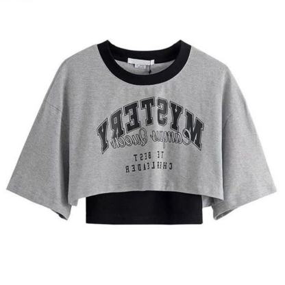 Gothic Letter Print T-shirt Chain Ruffle Tiered Skirt - Grey Top - 2XL - image 2