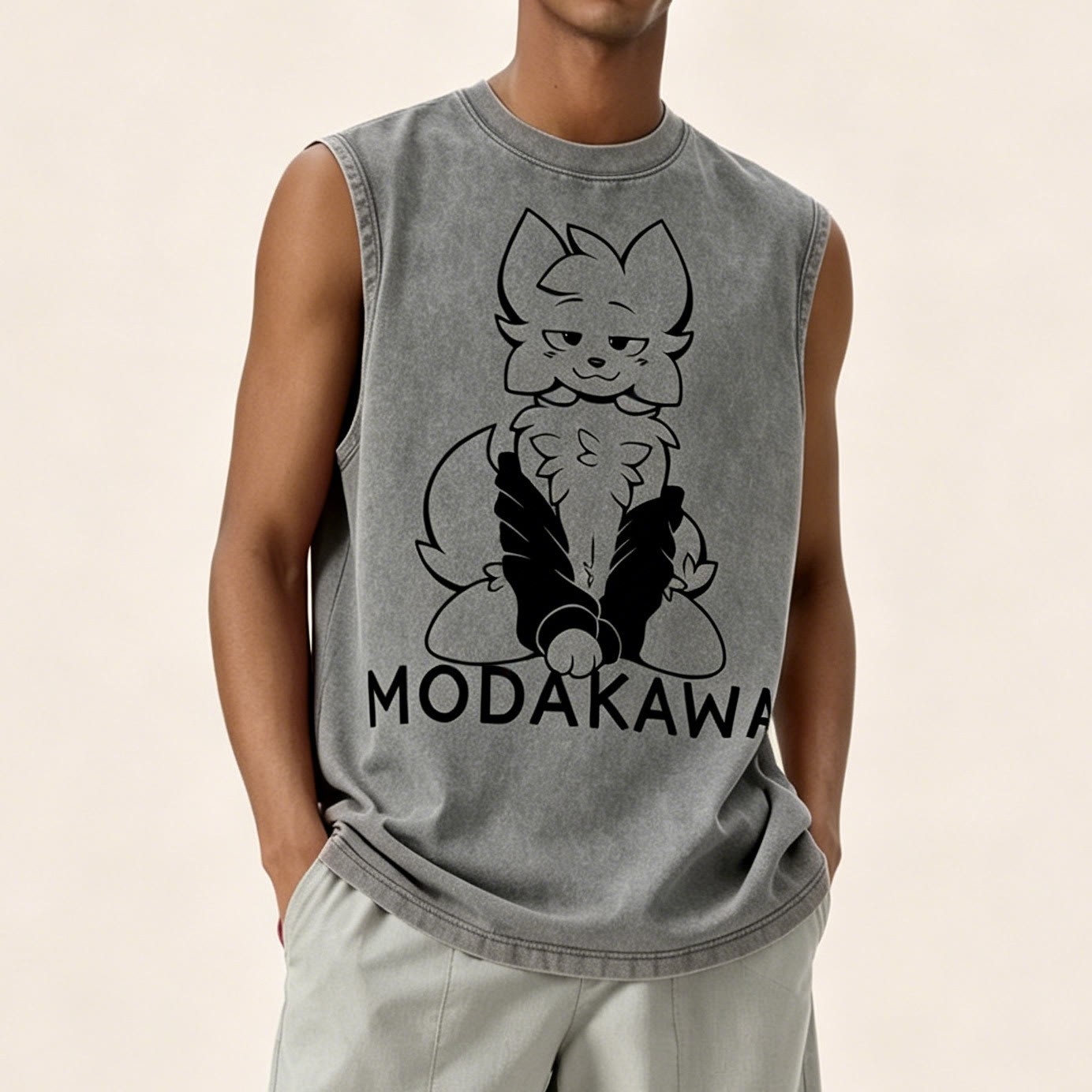 MODAKAWA X zarckets Anime Fox Graphic Unisex Vintage Washed Sleeveless T-shirt - image 1