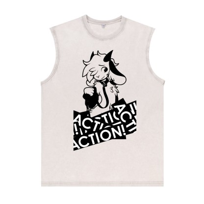 MODAKAWA X zarckets Anime Goat Graphic Unisex Vintage Washed Sleeveless T-shirt - Apricot - 2XL - image 3
