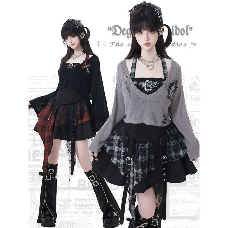 Gothic Plaid Halter Top Asymmetric Tiered Skirt Three Pieces Set - image 1