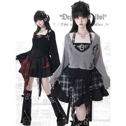 Gothic Plaid Halter Top Asymmetric Tiered Skirt Three Pieces Set - image 1