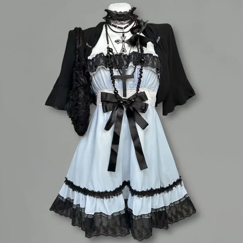 Goth Black Lace Blue Bow Slip Dress Two Pieces Set - Set - XL - image 1