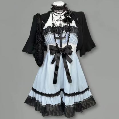 Goth Black Lace Blue Bow Slip Dress Two Pieces Set - Set - XL - image 1