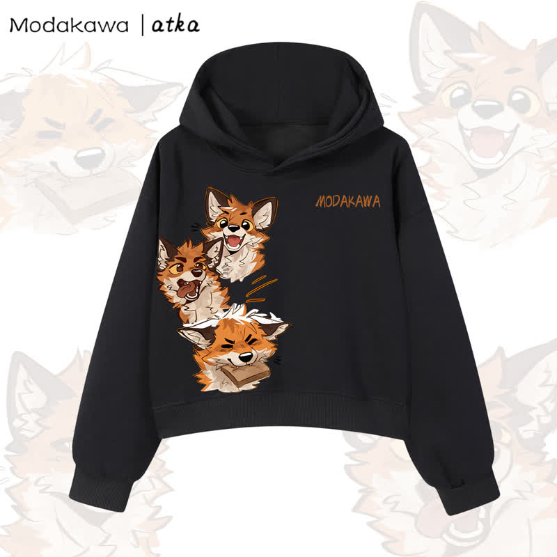 MODAKAWA X atka Cute Fox Graphic Cropped Cotton Hoodie - Black - 3XL - image 1