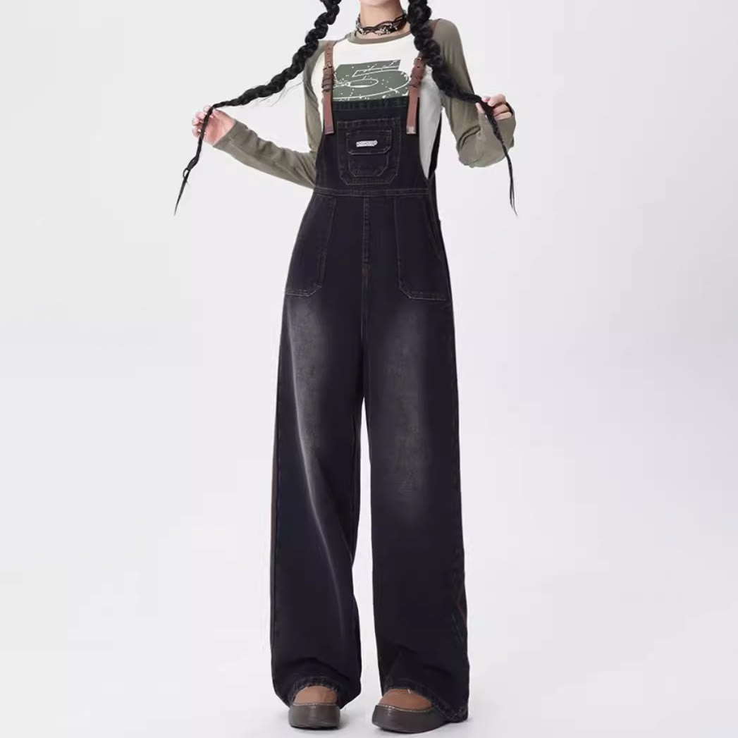V-Neck Top with Vintage Denim Overalls Two Pieces Set - image 3