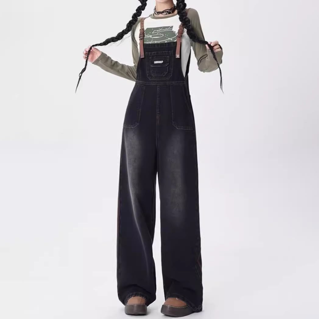 V-Neck Top with Vintage Denim Overalls Two Pieces Set - image 3