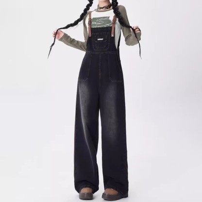 V-Neck Top with Vintage Denim Overalls Two Pieces Set - image 3
