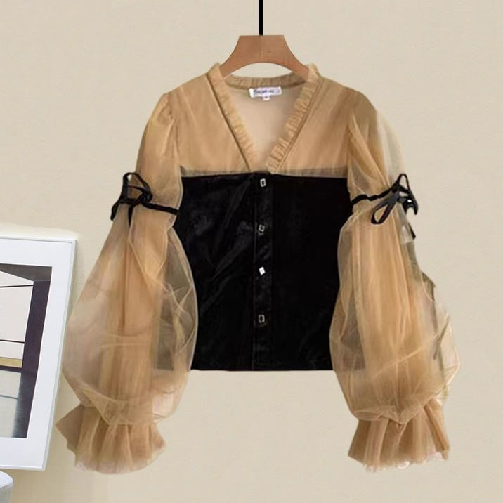 V-Neck Top with Vintage Denim Overalls Two Pieces Set - Top - 4XL - image 2
