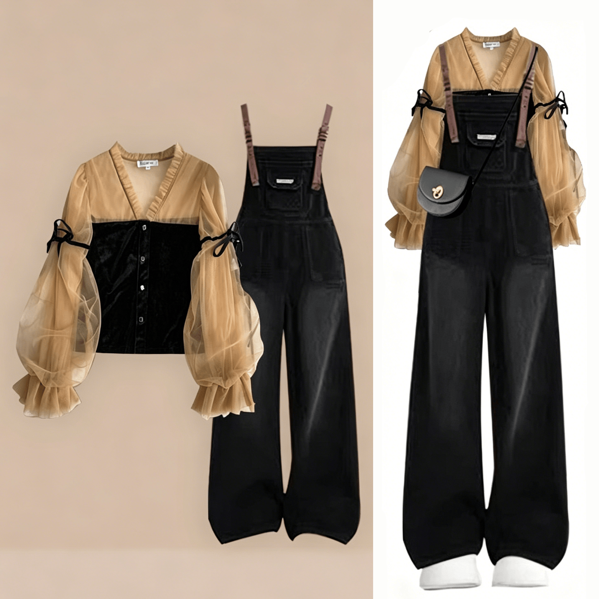 V-Neck Top with Vintage Denim Overalls Two Pieces Set - Set - 4XL - image 1