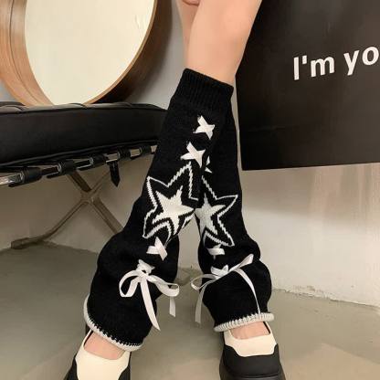 Star Print Ribbon Bow Knit Y2k Socks  - Black + White - One Size - image 5