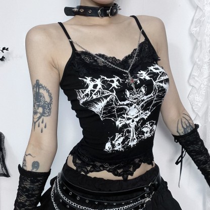 Gothic Black Bat Print Chain Strap Cami Top - image 2