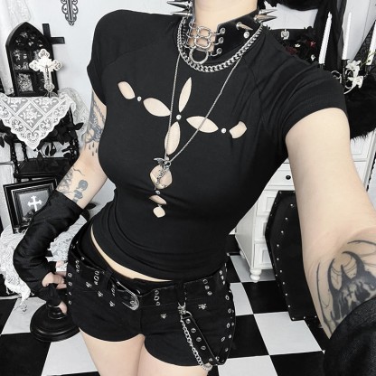 Punk Gothic Cut Out T-Shirt Top - image 4